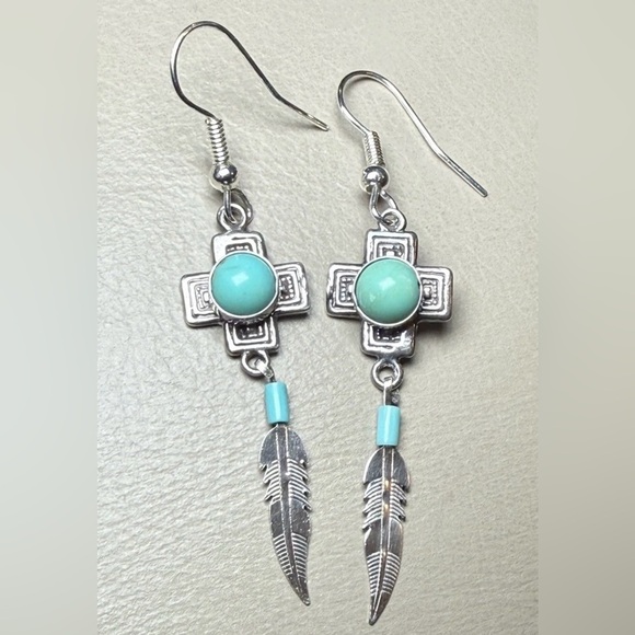 G & S Jewelry - Vtg 925 Sterling Silver Southwestern Turquoise Feather Dangle Earrings by G&S